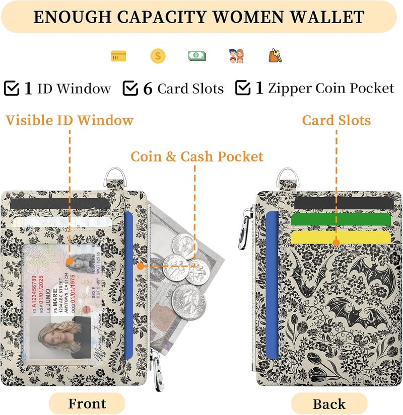 Hancynir Goth Bat Floral Slim Wallet Women Credit Card Holder Gothic Flower RFID Blocking Small Cute Card Wallets Mini Front Pocket PU Leather Thin Travel Zipper Coin Cash Ladies Female Wallet Gifts - Image 4